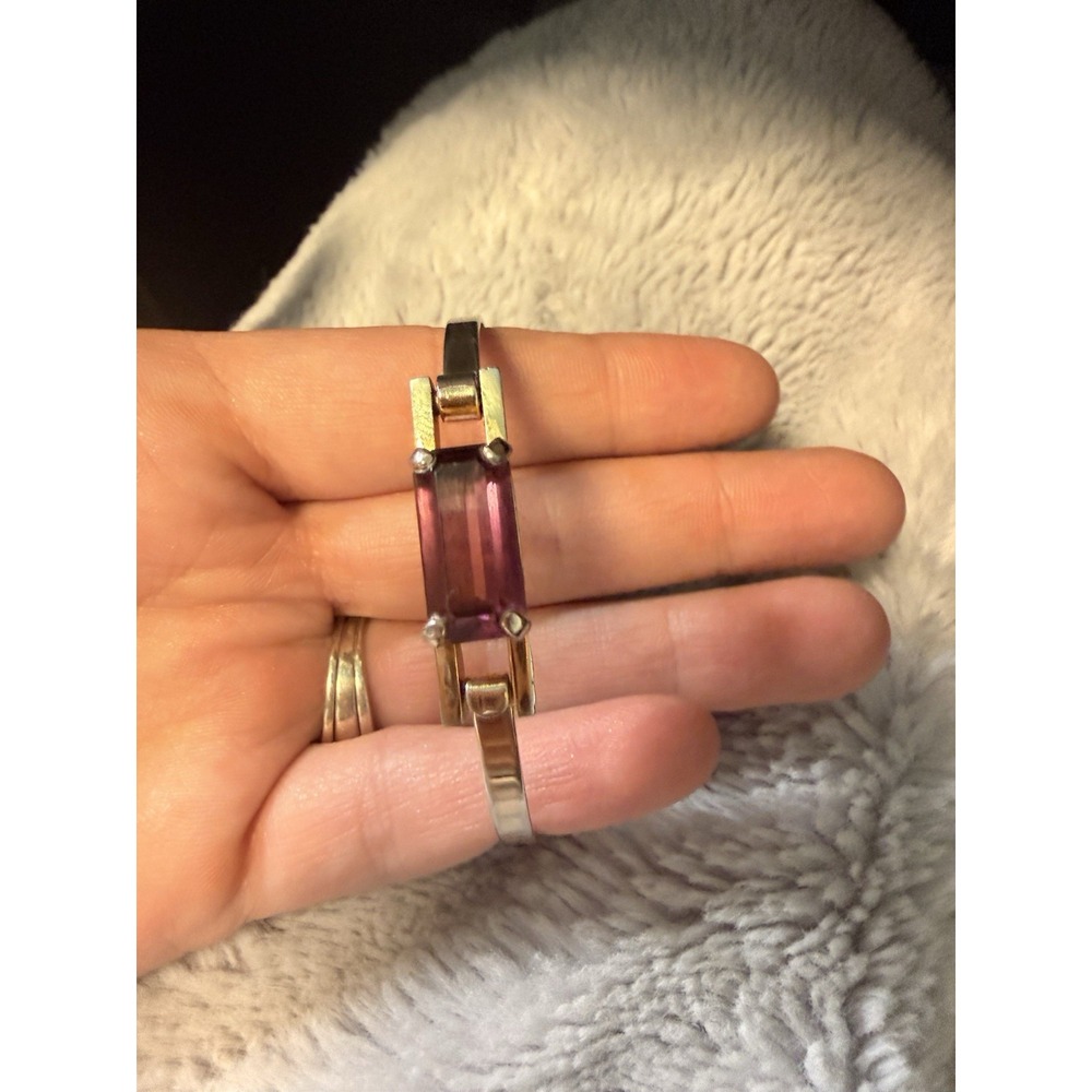 Vintage Gold Tone Avon Purple Rhinestone Hinged Bangle Bracelet - Picture 4 of 5